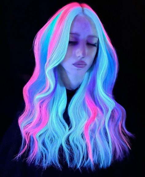 Led Hair Lights, Uv Hair, Neon Rainbow Hair, Neon Purple Hair Color, Glow In The Dark Hair Extensions, Kpop Hair Color, Hair Dye Videos, Exotic Hair Color, Pulp Riot Hair Color