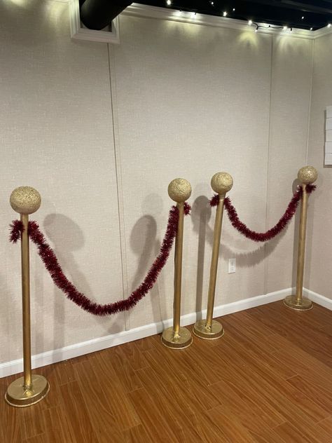 Diy Stanchions Ideas, Red Carpet Diy, How To Make Red Carpet Poles, Red Carpet Theme School Dance, Red Carpet Decorations Entrance, Diy Red Carpet Stanchions, Diy Red Carpet Rope Stand, Red Carpet Party Decorations, Diy Red Carpet