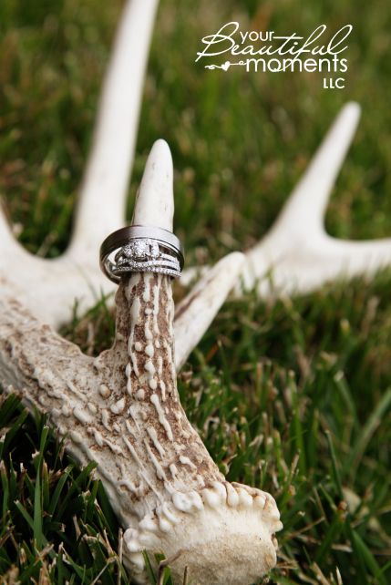 Deer Antler Wedding Decorations | Wedding rings and deer antler | Your Beautiful Moments LLC wedding ... Antler Wedding Decor, Deer Antler Wedding, Camo Wedding Rings, Hunting Wedding, Antler Wedding, Cowgirl Wedding, Camo Wedding, Wedding Engagement Photos, Western Wedding