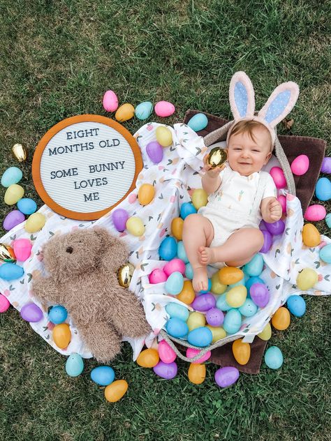 Baby in basket with Easter eggs wearing rabbit ears and eight months old. 8 Month Baby Photoshoot April, 7 Month Old Easter Pictures, April Monthly Baby Picture, March Monthly Baby Picture, 8 Month Old Baby Pictures, 7 Month Old Photoshoot, 8 Month Old Photoshoot, 3 Month Old Milestones Photo Shoot, 1 Month Pictures