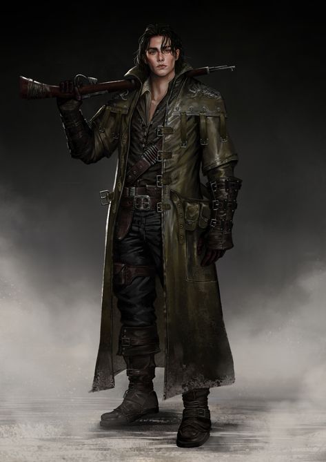 ArtStation - Hunter Vampire Hunter Costume Men, Animal Hunter Character Design, Modern Cowboy Character Art, Vampire Hunter Outfit Male, Vampire Hunter Modern, Medieval Bounty Hunter, Ghost Hunter Character Design, Fantasy Hunter Outfit, Male Character Concept Art