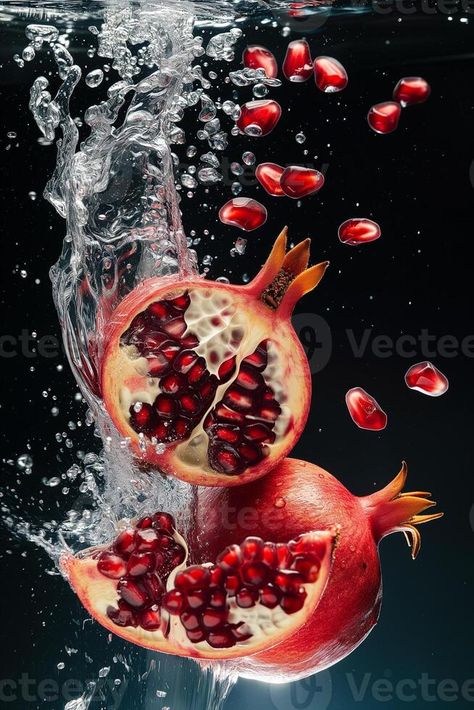 AI generated two pomegranates falling into water on a dark background with scattering grains Pomegranate Growing, Falling Into Water, Home Gardens, Healthy Fruit, Healthy Fruits, Dark Background, In Water, Infographic Design, Dark Backgrounds