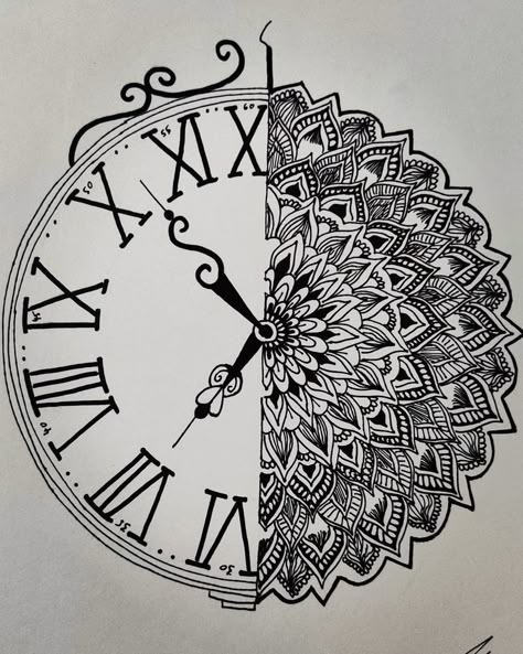 Mandala Clock Drawing, Mandala Art For Competition, Clock Mandala Art, Half Mandala Drawing, Half Mandala Art, Clock Mandala, Clock Drawing, Mandala Clock, Super Easy Drawings