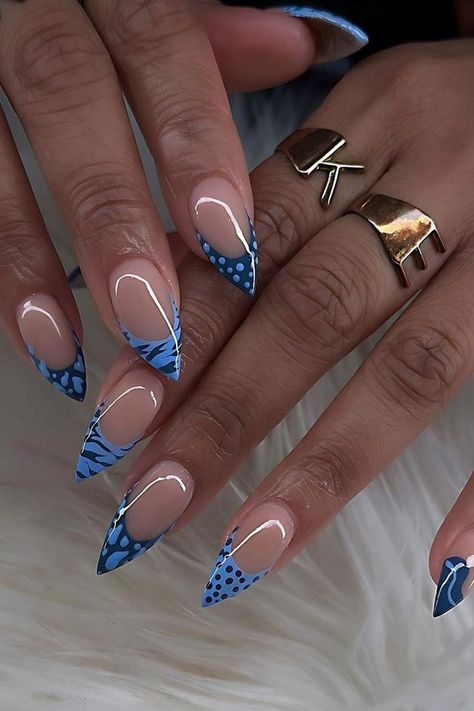 45 Striking Stiletto Nails for a Chic & Fashionable Manicure Nails Theme Ideas, Elegant Nails Classy 2024 Almond, Different Blue Nails, New Nails Design 2024, Cute French Tip Nails Designs, Blue Stiletto Nails Design, Mommy And Me Nails, Blue Almond Nails Design, Short Stiletto Nails Designs