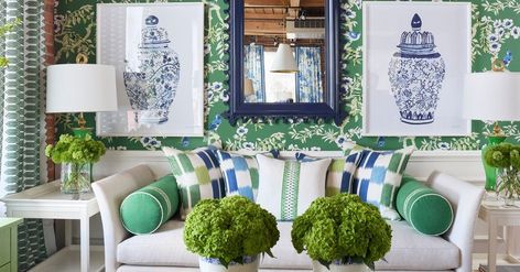 Thibaut on Instagram: “Grass is greener in our High Point showroom dressed in the Eden collection💚 Room details in our bio #thibaut#hpmkt” Chinoiserie Interior Design, Color Duos, Chinoiserie Interior, Blue And Green Living Room, Beauty Of Friendship, Construction Wallpaper, Upholstered Chairs Fabric, Collection Room, Grass Is Greener