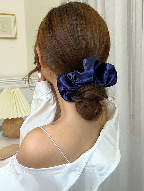 Navy Blue Casual   Polyester Plain Scrunchies Embellished   Women Accessories Navy Blue Scrunchie, Korean Scrunchies, Scrunchies Logo, Scrunchy Hairstyles, Scrunchie Outfit, Korean Haircuts, Trendy Hair Accessories, Navy Hair, Blue Scrunchie