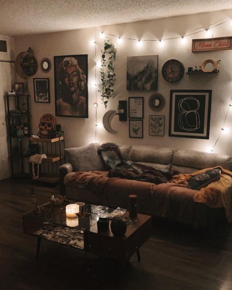 Cozy Dark Boho Living Room, Apartment Decorating Edgy, Witch Aesthetic Apartment, Witchy Apartment Living Room, Apartment Decorating Witchy, Dark Boho Apartment Decor, Dark Witchy Living Room, Witchy Aesthetic Apartment, Living Room Whimsigoth