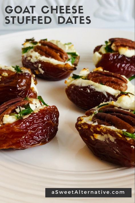 These stuffed dates are an easy appetizer for Christmas, New Years or any other special occasion. These delicious fingerfood appetizers have the perfect balance of savory and sweet.  #appetizerrecipes Dates And Goat Cheese, Dates With Goat Cheese, Vegetarian Appetizers Easy, Boat Snacks, Dates Stuffed, Baked Brie Appetizer, Chocolate Snowballs, New Years Appetizers, Stuffed Dates