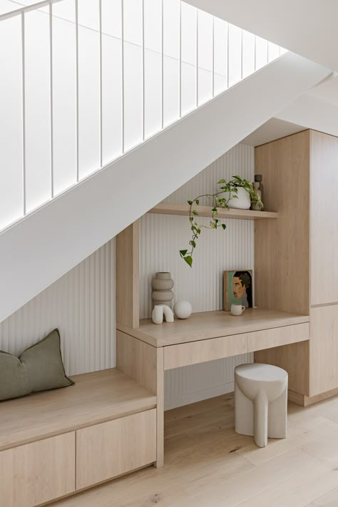 Orton Haus 2.2 — Orton Haus Desk Under Stairs, Office Under Stairs, Small Space Staircase, Under Stairs Nook, Room Under Stairs, Stair Nook, Space Under Stairs, Coastal Calm, Open Trap