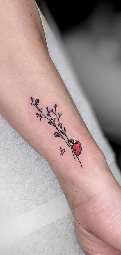 Ladybug Tattoo On Finger, Lavender And Ladybug Tattoo, Ladybug Rose Tattoo, Mechanical Flower Tattoo, Ladybug Tattoo Memorial, Ladybug Matching Tattoos, Ladybug Dandelion Tattoo, Rose And Ladybug Tattoo, Ladybug Floral Tattoo