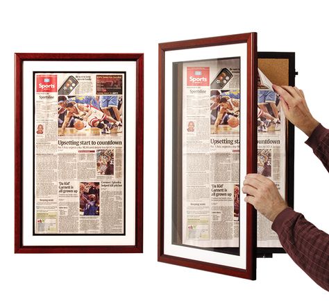 A great news or sports event can be treasured and displayed in the SwingFrame Newspaper Frame. This USA patented swing open framing system features a wood picture frame with a white matboard. Interior Cork Board back panel for pinning a page or newspaper section. Lots of newspaper frame sizes and frame styles. Optional lock and key makes this newspaper frame ideal for businesses, organizations, schools, universities, sports bars, restaurants, cafes, home, and office. Newspaper Display Ideas, Newspaper Clippings Display Ideas, Newspaper Frame Ideas, Newspaper Picture Frame, Newspaper Article Display, Framing Newspaper Articles Display, Framed Newspaper Clippings, Wall Newspaper, Frame Newspaper Article