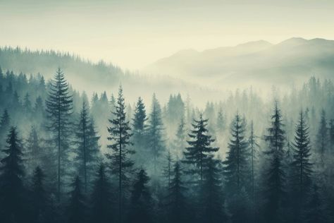 Misty landscape with fir forest mist outdoors woodland. AI generated Image by rawpixel. | premium image by rawpixel.com / Miiruuku Iphone Forest Wallpaper, Forest Background Landscape, Dark Forest Background, Wallpaper Outdoors, Forest Mist, Misty Landscape, Pyrography Ideas, Tablet Wallpapers, Wallpaper Night