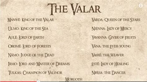 the Valar Valinor Tolkien, Tolkien Elvish, The Valar, Middle Earth Books, Tolkien Hobbit, Legolas And Thranduil, Tolkien Books, Fantasy Names, Tolkien Art