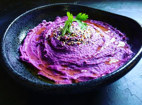 Hummus Easy, Potato Hummus, Sweet Potato Hummus, Purple Sweet Potato, Purple Food, Purple Potatoes, Squeezed Lemon, Purple Sweet Potatoes, Whole30 Recipes