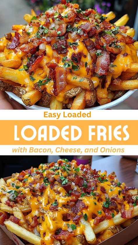 Easy Loaded Fries with Bacon, Cheese, and Onions The Best French Fries Recipe, Loaded Buffalo Fries, Cheese Fry Recipes, Covered French Fries, Loaded Fries Cheese Sauce, Bacon Cheddar Fries, Diy Loaded Fries, Cheesy Bacon Fries, Loaded Bacon Cheese Fries