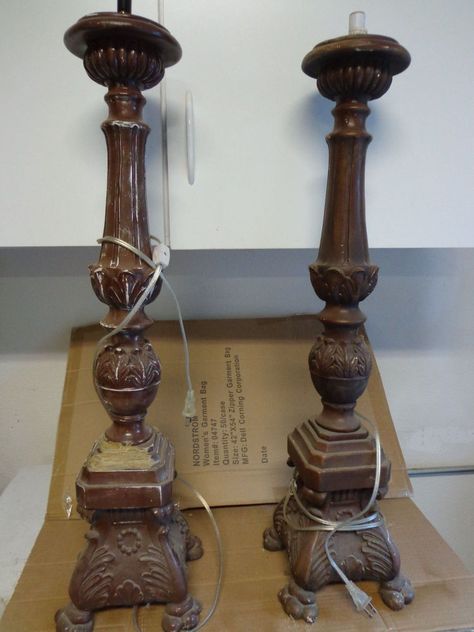 Years ago I stumbled upon a very tall set of French altar style candlestick holders, loved them, and really wanted them but they were $250.00.  There was no way… Candlestick Makeover, Table Leg Candle Holder, Diy Candle Sticks, Garden Diy Ideas, Lamp Makeover, Furniture Flip, Wood Candle Sticks, Old Lamps, Tall Candle