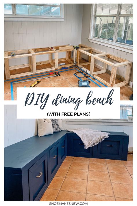 This space-saving dining solution also has a ton of storage with built-in drawers - it's a surprisingly easy build and made such a big difference in our kitchen. This DIY navy built-in dining bench should definitely be on your project list. #diningbench #breakfastnook #diybuiltins #storagebench #navybreakfastnook Diy Breakfast Nook Bench, Built In Dining Bench, Seating In Kitchen, Diy Breakfast Nook, Breakfast Nook Bench, Nook Bench, Banquette Seating In Kitchen, Diy Dining, Kitchen Benches