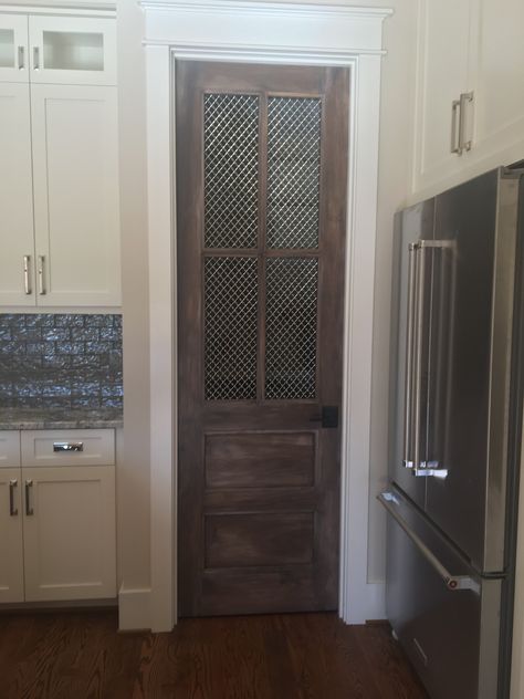 Distressed and ventilated pantry door Screened Pantry Door, Pantry Door With Ventilation, Ventilated Pantry Door, Ventilated Door Design, Modern Pantry Door, Curtains For Closet Doors, Pantry Door Ideas, Pantry Lighting, Wooden Pantry