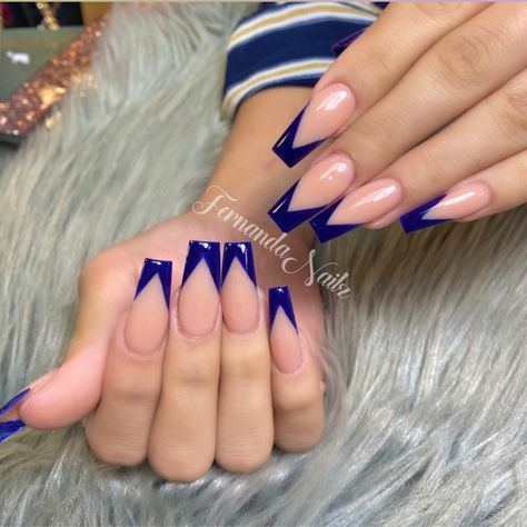 Dark Blue V French Tip Nails, Blue Triangle French Tip Nails, Blue V French Tip Nails, Dark Blue French Nails, Dark Blue Nails French Tip, Dark Blue French Tips, V Cut Nails, Royal Blue French Tip Nails, Dark Blue French Tip Nails