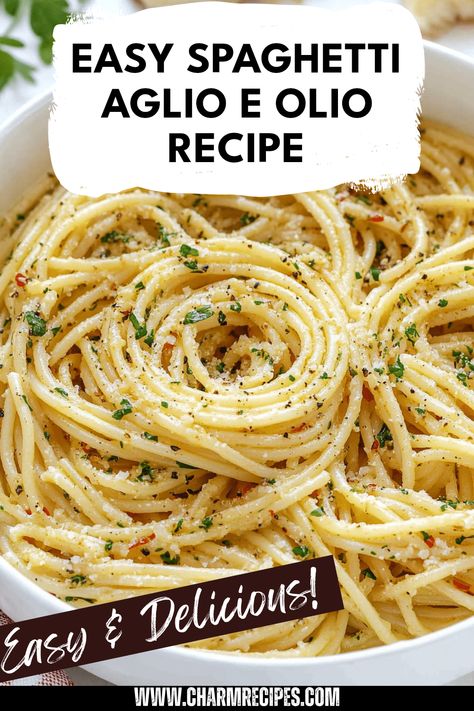 Discover the quick and delicious recipe for Spaghetti Aglio e Olio, perfect for busy weeknights. This classic Italian pasta dish features spaghetti cooked al dente, tossed in a fragrant olive oil infused with freshly minced garlic and a kick of red pepper flakes for a hint of heat. It's so simple yet full of flavor that you'll want to make it again and again. Serve with a sprinkle of parsley for an extra touch. Get ready to enjoy this easy meal that captures authentic Italian flavors in every bite! Spaghetti And Olive Oil Garlic Pasta, Easy Olive Oil Pasta Recipes, Spaghetti With Oil And Garlic, Spaghetti Recipes Without Tomato Sauce, Pasta E Olio, Simple Italian Pasta Recipes, Spaghetti With Peppers, Spaghetti Olive Oil Garlic, No Sauce Spaghetti Recipes