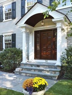 Front Door Roof Overhang Entryway, Colonial Front Door Ideas, Colonial Front Door, Portico Entry, Front Door Overhang, Door Overhang, Veranda Design, Portico Design, Colonial House Exteriors