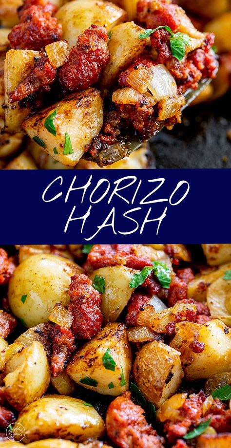 This Chorizo Hash is so easy to make and is always a hit with the whole family! You can never have enough recipes for potatoes, and this easy crispy skillet potato hash is another winner. The potatoes are cooked with onions, chorizo, and garlic for a dish that is packed with flavor. Serve it for breakfast or as a side dish - for breakfast serve these chorizo potatoes with a fried or poached egg and for dinner maybe a grilled steak or a pan-fried fillet of fish. Recipes For Potatoes, Chorizo And Potatoes, Chorizo Recipes Dinner, Chorizo Potatoes, Chorizo Hash, Chorizo And Potato, Steak Side Dishes, Chorizo Recipes, Hash Recipe