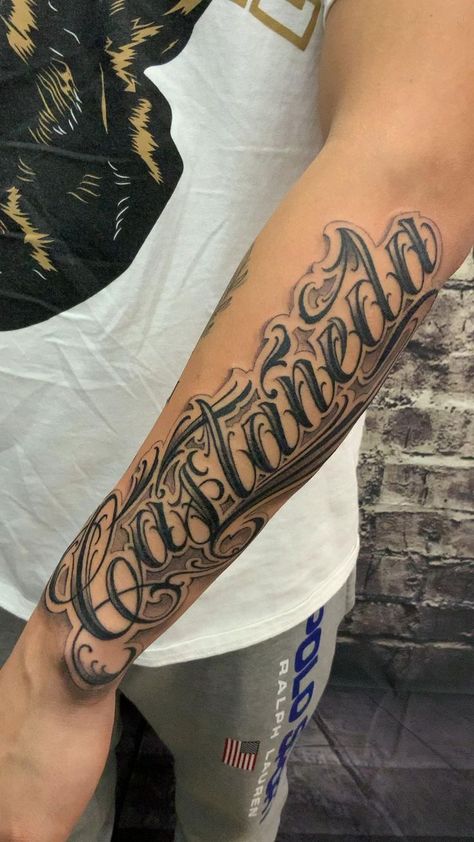 Last Name Forearm Tattoo Men, Tattoo Name Ideas For Men, Garcia Tattoo Last Name, Arm Lettering Tattoo, Last Name Tattoos For Men, Guys Names, Forearm Name Tattoos, Last Name Tattoos, Arm Tattoos Lettering