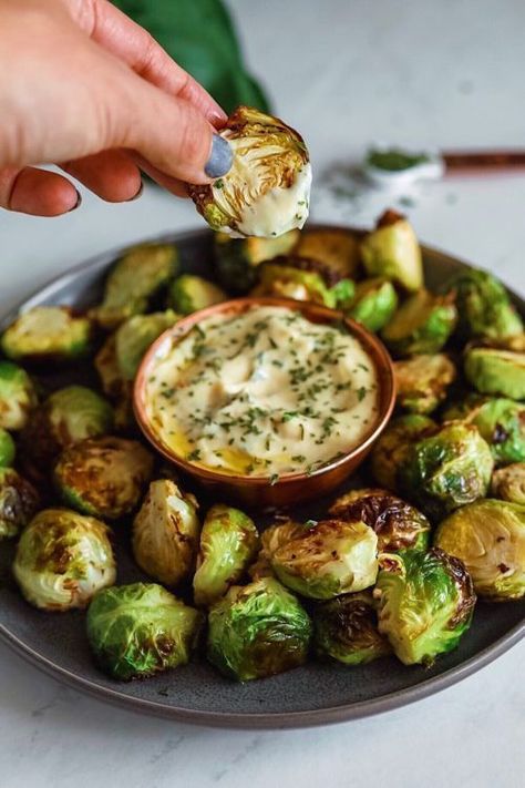 Crispy Brussel Sprouts With Dijon Aioli - Dash of Mandi Dijon Aioli, Crispy Brussel Sprouts, Makanan Diet, Aioli, Veggie Sides, Veggie Dishes, Vegetable Dishes, Dijon, Dipping Sauce