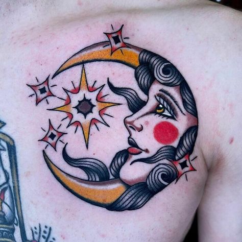 American Traditional Sun And Moon Chest Tattoo Which Tattoos, Traditional Sun Tattoo, Traditional Mermaid Tattoos, Traditional Ship Tattoo, Traditional Dagger Tattoo, Traditional Tattoo Woman, Traditional Butterfly Tattoo, Traditional Eagle Tattoo, American Traditional Tattoos