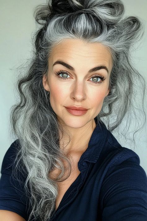 Grey Roots Hairstyles, Color Grey Hair Ideas, Long Curly Grey Hair Natural Curls, Best Color Clothing For Gray Hair, Fashion Grey Hair, Silver Hair Brunette, Silver Bob Hair, Gray Hair Wedding Hairstyles, Deep Winter Grey Hair