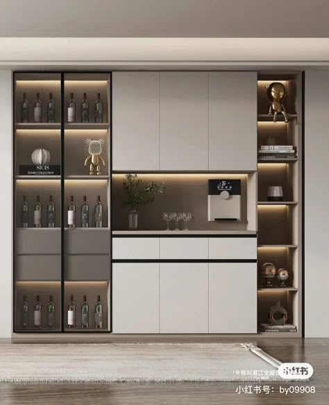 Crockery Unit With Coffee Station, Lobby Cupboard Design, Crockery Unit Design Modern, Crockery Unit Design With Bar, Crockery Unit Design Modern Dining, Cabinet Wall Design, Minimalist Crockery Unit, Latest Crockery Unit Design, Minimal Crockery Unit Design