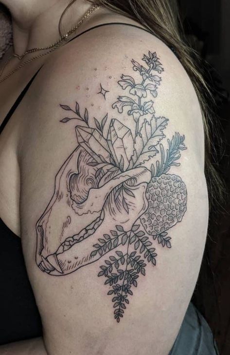 Animal Skulls Tattoo, Animal And Flower Tattoo, Animal Skull Tattoos For Women, Flower And Bones Tattoo, Bear In Flowers Tattoo, Animal Bone Tattoo, Animal Skull Tattoo Design, Bear Skull Tattoo With Flowers, Sheep Skull Tattoo