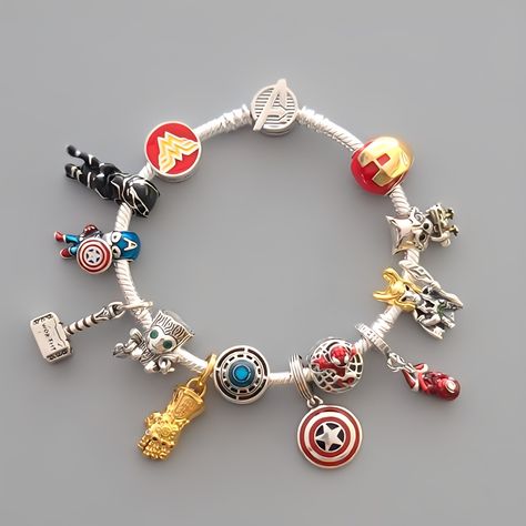 Brand New Avengers Bracelet With 12 Marvel And 1 Dc Charm Want Your Bracelet All In One Shot? I've Put Together One That Has Loads Of Fandom And Fun! Show The World Your Love For Marvel And Dc (Wonder Woman)!! These Are Also On Sale Individually So They Also Have A Listing! **These Charms Are Real 925 Sterling Silver, Not Plated, So The Silver Will Not Rub Off Or Flake Over Time!! They Are Beautiful And Would Be A Wonderful Edition To Anyones Charm Bracelet. Don't Forget, That All Sterling Silve Marvel Pandora Bracelet, Marvel Bracelets, Avengers Bracelet, Pandora Marvel, Dc Wonder Woman, Marvel Accessories, Marvel Jewelry, Pandora Bracelet Charms Ideas, Наташа Romanoff