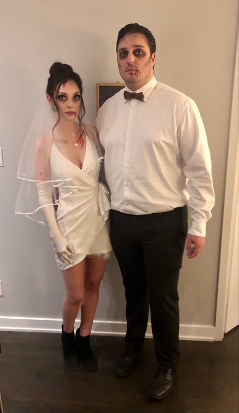 Zombie Dead Bride and Groom Costume Bridezilla Costume Halloween, Bride Groom Halloween Costume, Zombie Couples Costumes, Dead Bride Makeup Halloween, Bride And Groom Costume Halloween, Bridezilla Costume, Halloween Zombie Makeup Men, Dead Bride And Groom Costume, Dead Bride And Groom Halloween