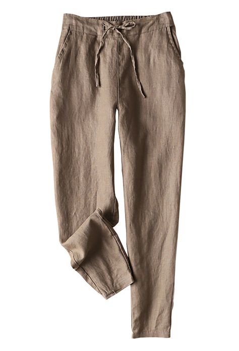 Summer Trousers, Cotton Linen Pants, Pretty Blouses, Tapered Trousers, Linen Pants Women, Colored Pants, Dark Khaki, Elastic Waist Pants, Ankle Length Pants