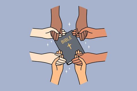 El primer plano de diversas personas interraciales se toman de la mano rezando juntos. grupo multiétnico que sostiene la biblia dedicada a la oración. religión y fe. ilustración vectorial Holding Bible, Hands Praying, Praying Together, Hold Hands, Praying Hands, Holding Hands, Close Up, Vector Illustration, Bible