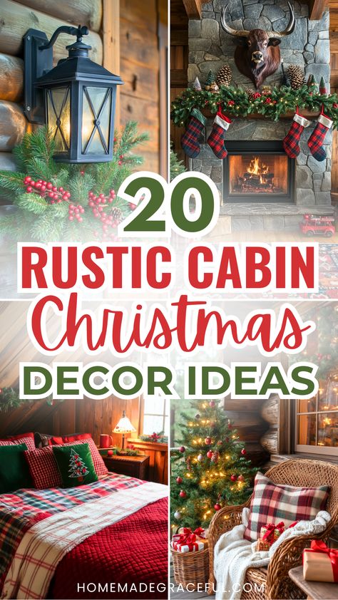 rustic cabin christmas decorating ideas Rustic Cabin Lamps, Cozy Cabin Party Decor, Old Log Cabin Interior, Rustic Cabin Kitchen Decor, Country Christmas Decorations Diy, Log Cabin Christmas Decor, Camp Style Decor, Rustic Cabin Christmas, Cabincore Aesthetic