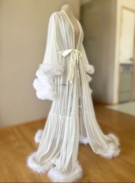 White Sheer Robe, White Feather Robe, White Fluffy Robe, Long White Robe, Long White Bridal Robe, Wedding Night Outfit Brides, Bridal Robes Long, Bridal Morning Robe, Loungewear Business