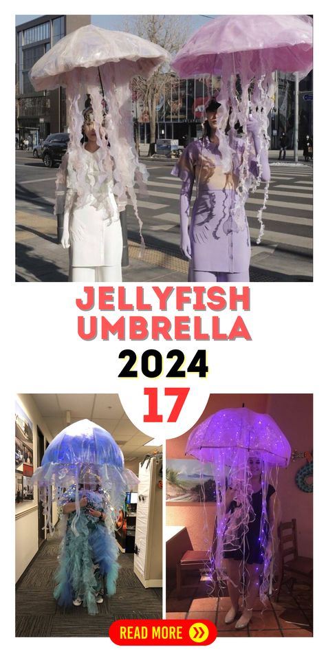 DIY Jellyfish Umbrella Costumes: Craft Aesthetic & Design Inspiration Diy Jellyfish Costume Umbrellas, Jellyfish Umbrella Diy, Jellyfish Hat Diy, Jellyfish Costume Umbrella, Underwater Props, Diy Jellyfish Costume, Jellyfish Costume Diy, Jellyfish Umbrella, Umbrella Costume