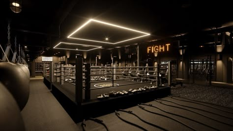 Modern Boxing Gym, Luxury Boxing Gym, Training Room Combat Aesthetic, Boxing Interior Design, Home Boxing Gym, Boxing Gym Design, Boxing Room, Boxing Studio, Gym Architecture