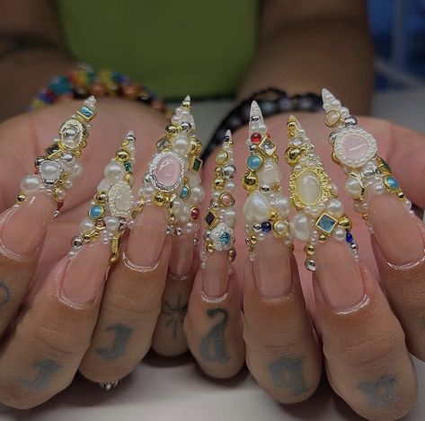 Box Nails, Acrylics Nails, Junk Nails, Long Stiletto Nails, Curved Nails, Hippie Nails, Drip Nails, Nails Design With Rhinestones, Antique Jewelry Box