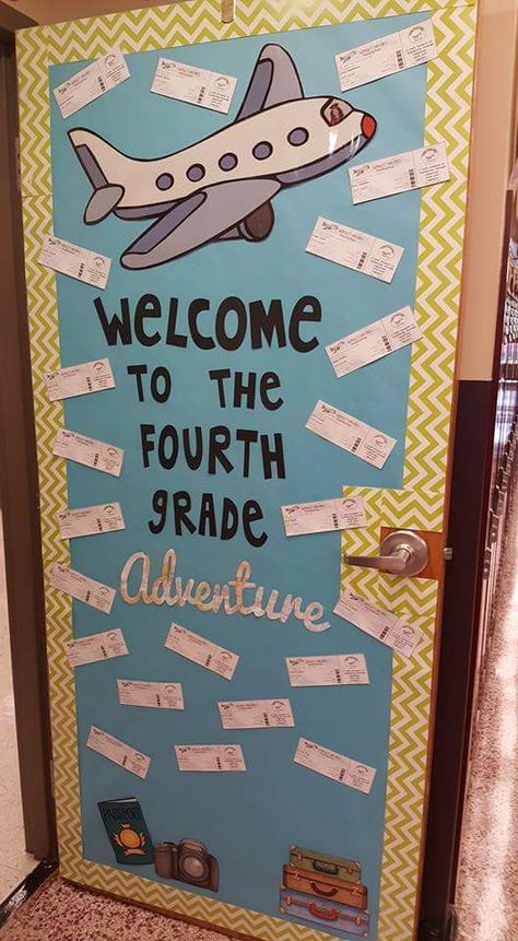 Decorating the classroom door with an airplane (with the teacher as captain) and students' boarding passes is a great way to set the stage for a travel theme. Classroom Door Decorating, Classroom Door Decorations, Travel Theme Classroom, Elementary Classroom Themes, Around The World Theme, Teacher Doors, School Doors, Elementary Classroom Decor, Boarding Passes