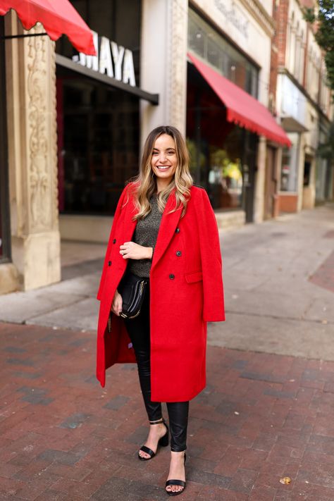 An Outfit for Every Holiday Occasion from LOFT - Pumps & Push Ups Red Coat Outfit, Red Long Coat, Red Winter Coat, Cute Date Outfits, Nye Outfits, Outfits Petite, Push Ups, Holiday Party Outfit, Red Coat