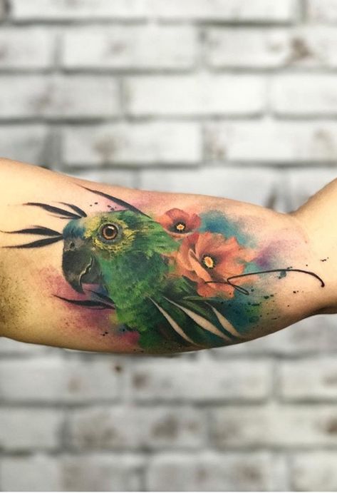 Parrot Feet Tattoo, Green Parrot Tattoo, Amazon Parrot Tattoo, Parrot Tattoo Design, Parrot Tattoos, Bird Tattoo Sleeves, Parrot Tattoo, Bird Tattoos For Women, Watercolor Tattoo Flower