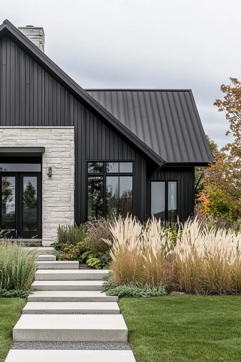 Modern Black And White Exterior House, Contemporary Shingle Style Homes, Modern Addition To Traditional House, Black Scandinavian House Exterior, Black Shingle House, Black And White Modern Home Exterior, Exterior Black Trim House, Black House Siding, Modern Saltbox Houses