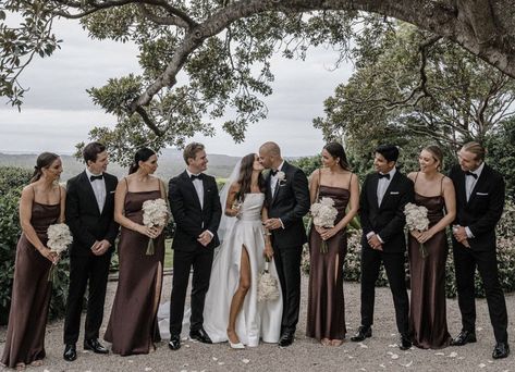 Brown Bridesmaid Dresses And Groomsmen, Groomsmen Black Suit Brown Shoes, Black And Brown Bridesmaid Dresses, Mocha Wedding Theme Color Schemes, Mocha Bridesmaids Dresses Color Schemes, Italy Bridesmaid Dresses, No Tie Groomsmen Attire, Bridesmaid Dresses Brown Shades, Neutral Wedding Party Color Schemes