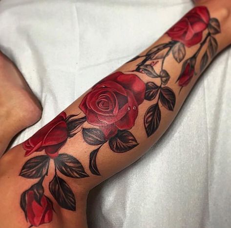 Like what you see? Follow me for more: @yofav.N Deep Red Tattoo, Red Rose Tattoo Back, Red And Black Rose Tattoo, Rose Tattoo Red, Rose Sleeve Tattoo, Rose Vine Tattoos, Flower Vine Tattoos, Tattoo Roses, Tattoos Pinterest