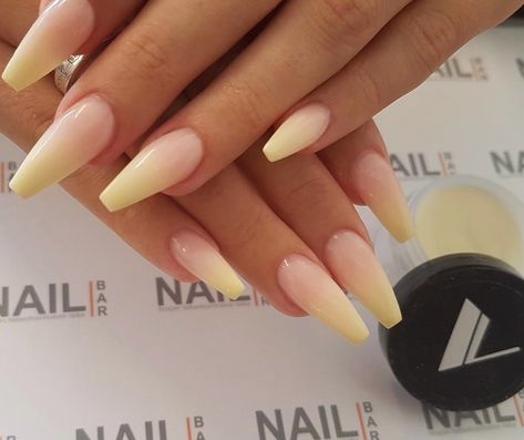 Spring Nails Yellow French, Ambre Nails Ombre Yellow, White And Yellow Ombre Nails, Pastel Yellow Nails Design Spring, Light Yellow Ombre Nails, Yellow White Ombre Nails, Yellow French Tip Nails Coffin, Ballerina Nails Yellow, Ombre Yellow Acrylic Nails