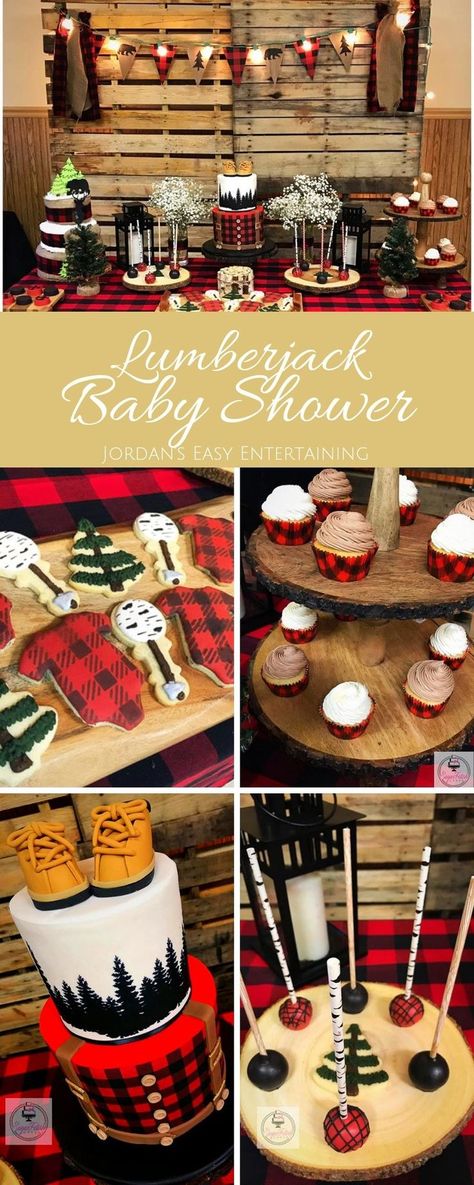 Buffalo Plaid Lumberjack Baby Shower Ideas | Jordan's Easy Entertaining Baby Shower Desserts Boy, Plaid Baby Shower, Trendy Baby Shower Themes, Lumberjack Baby Shower, Lumberjack Baby, Bebe Shower, Shower Desserts, Trendy Baby Shower Ideas, Baby Shower Desserts