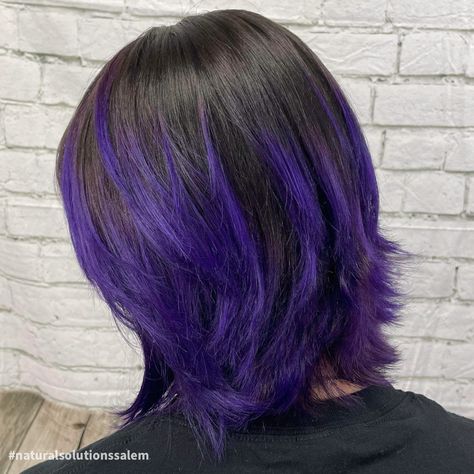 Purple Hair Color For Short Hair, Short Hair Color Streaks, Short Black Hair With Purple Streaks, Purple Highlights On Short Hair, Hair Colours Short Hair, Purple Tips Short Hair, Black Purple Hair Short, Black Purple Short Hair, Black Hair With Purple Highlights Short